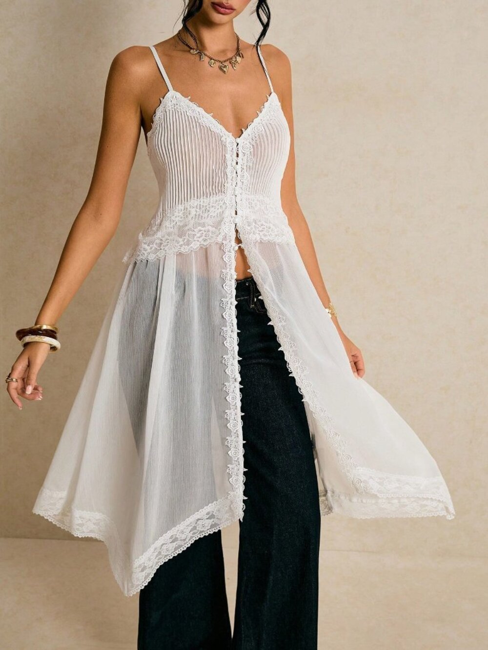 White Casual Elegant Women's Long Lace Camisole Top with Slit Hem